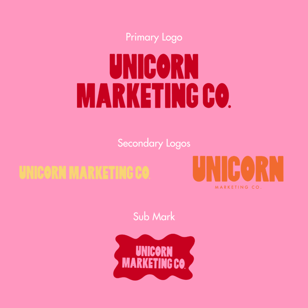 A graphic of Unicorn Marketing Co's branding elements including their different logo variations