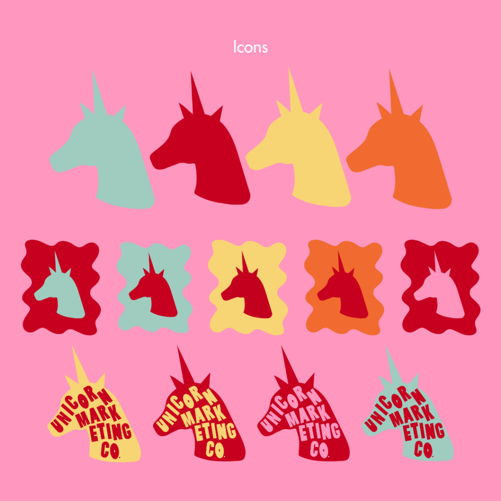Branding elements of Unicorn Marketing Co, specifically looking at the icons for the company